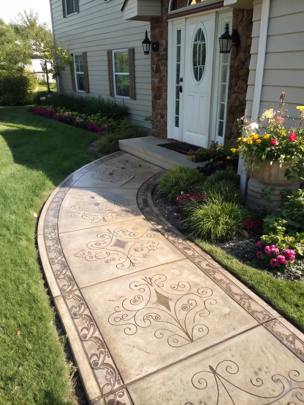 A decorative stamped concrete walkway with intricate patterns and vibrant colors.