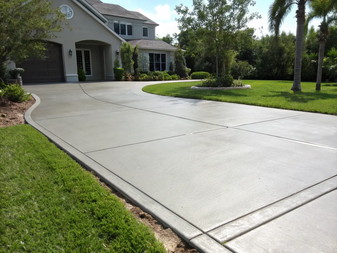 A freshly paved concrete driveway leading up to a modern home in Victoria, TX, showcasing a smooth, durable surface with clean edges and a professional finish.