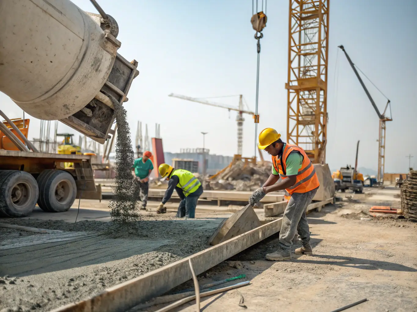 A close-up shot of high-quality concrete materials being mixed, highlighting the use of premium resources.