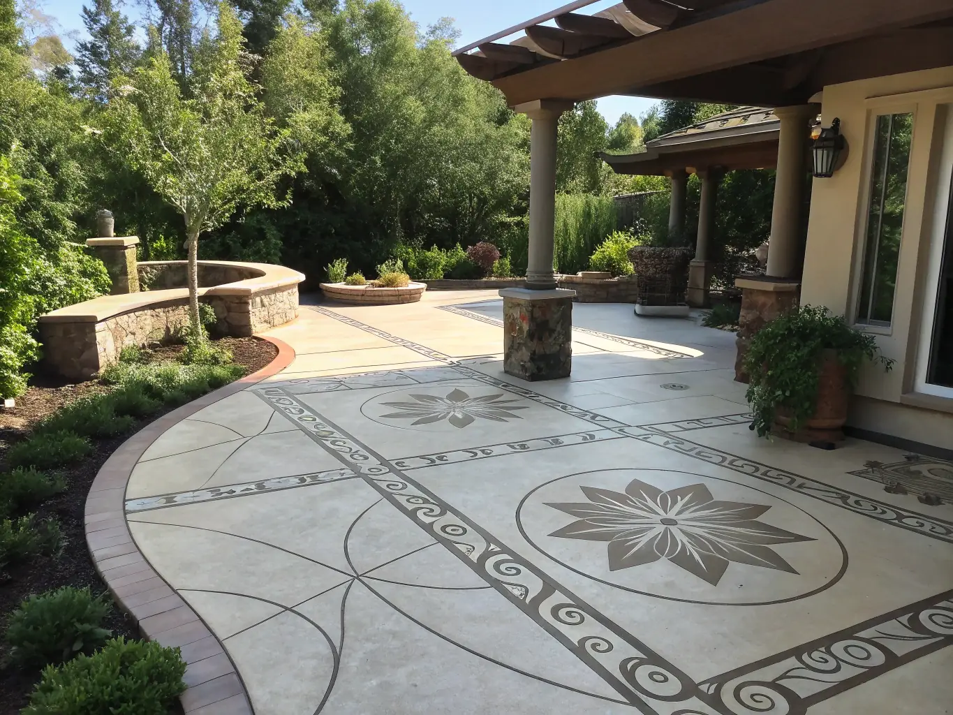 A beautifully designed concrete patio with outdoor furniture, plants, and ambient lighting, creating a cozy and inviting outdoor living space in Victoria, TX.
