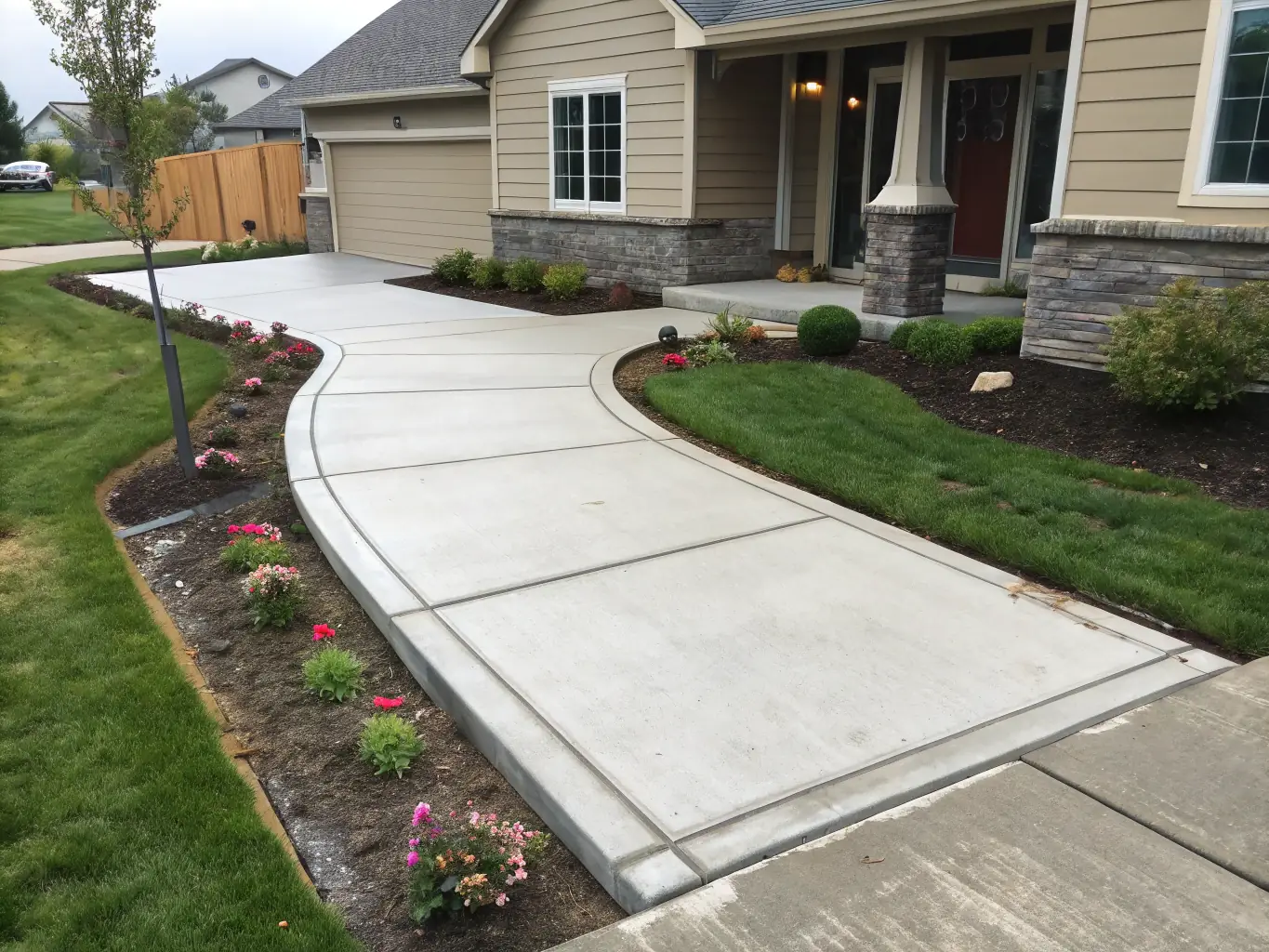 A clean and well-maintained concrete sidewalk in a residential area of Victoria, TX, providing safe and accessible passage for pedestrians.
