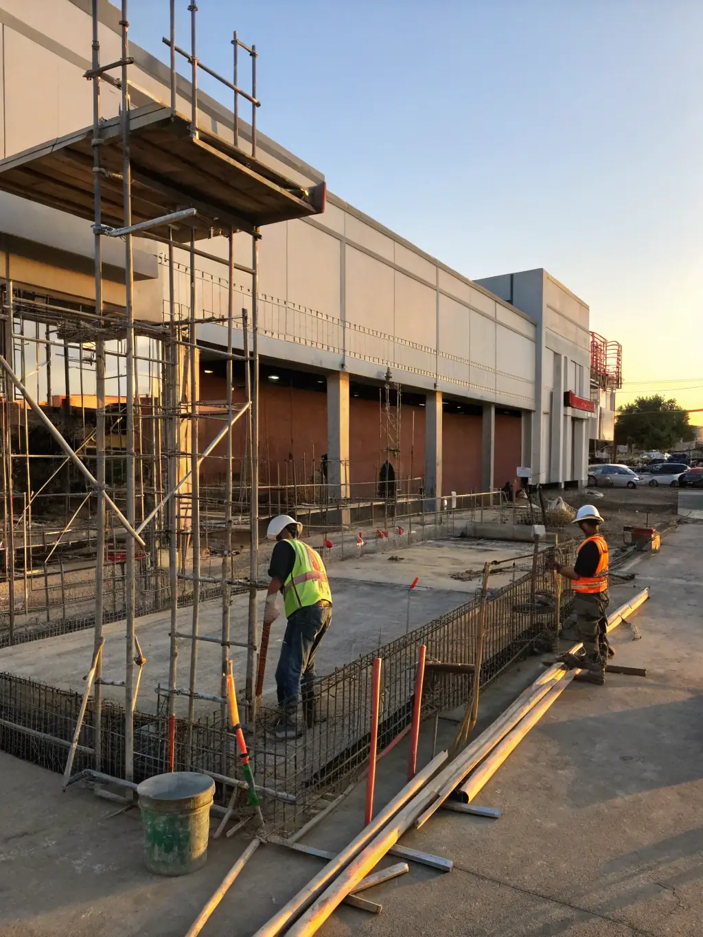 A construction site showing foundation work with reinforced concrete.