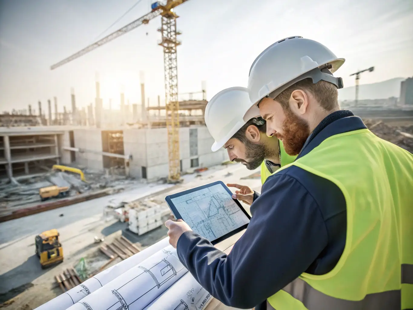 A team of concrete specialists reviewing blueprints on a construction site, emphasizing their expertise and attention to detail.
