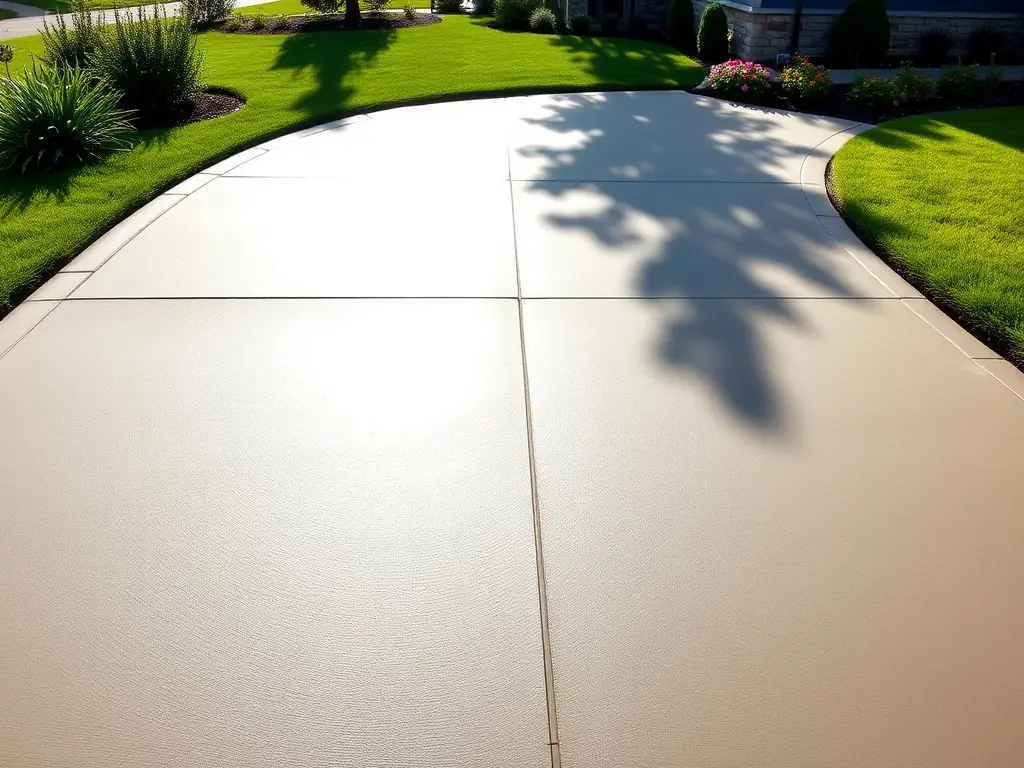 A newly poured concrete driveway with clean lines and smooth finish, showcasing craftsmanship by Victoria Concrete Experts.