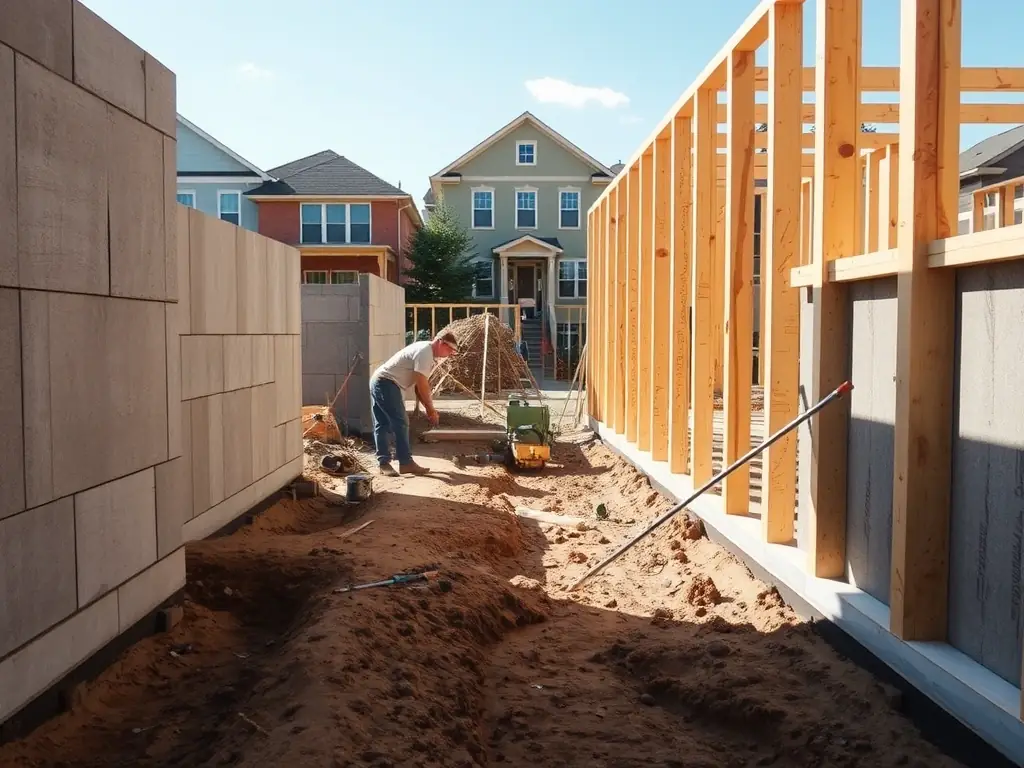 A construction site showing foundation work with reinforced concrete, performed by Victoria Concrete Experts.
